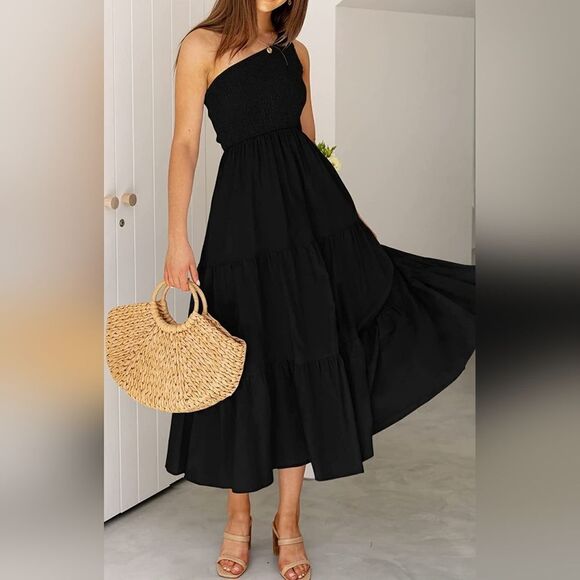 NWT Summer Boho One Shoulder Sleeveless Ruffle Beach Party Tiered Midi Dress - Picture 3 of 9